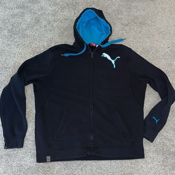 Black Teal Puma full zipper hoodie hooded running sweatshirt jacket L - Picture 1 of 5